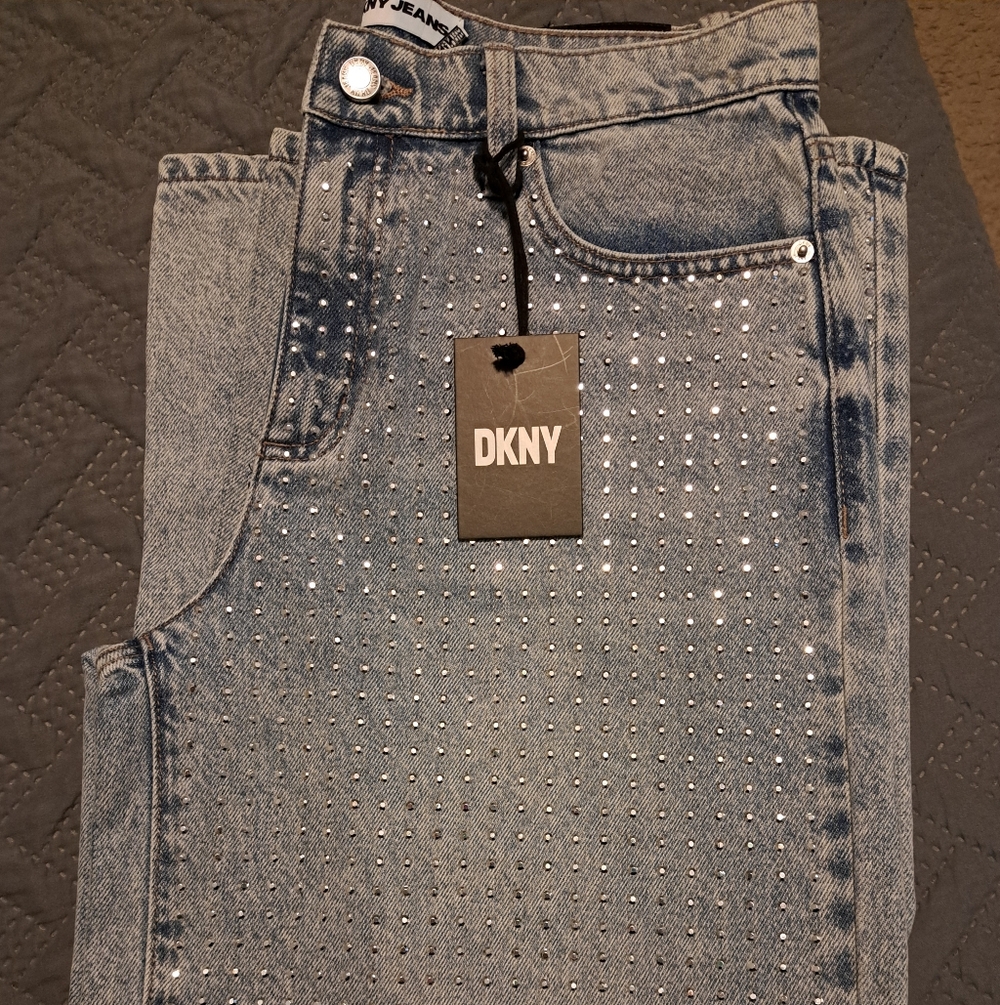 DKNY Women's Wide Leg Denim Jeans with Silver Accents